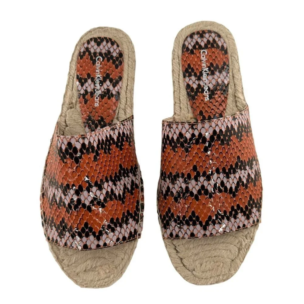 NEW Calvin Klein Pessa Chevron Snake Espadrille Slides in Tangerine Size 6.5